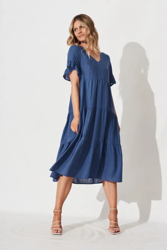 Kristen Midi Smock Dress In Blue Linen Blend sold by St Frock