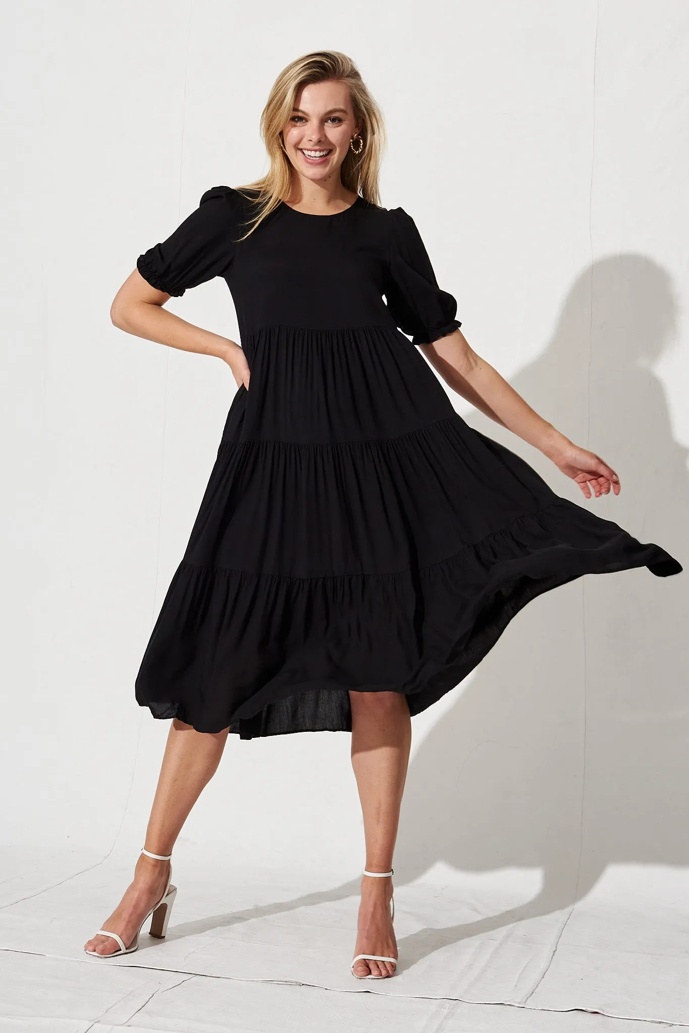 Nevi Midi Smock Dress In Black sold by St Frock