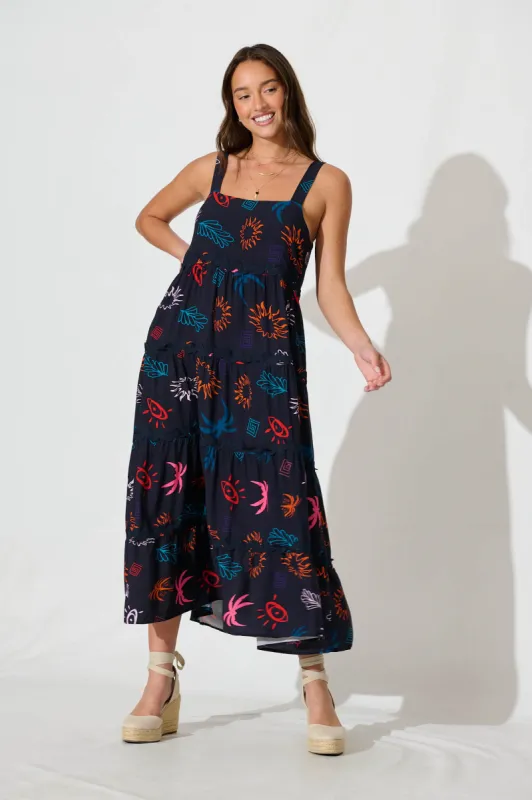 Jolie Maxi Sundress in Navy Print With Black Ric Rac Trim sold by St Frock