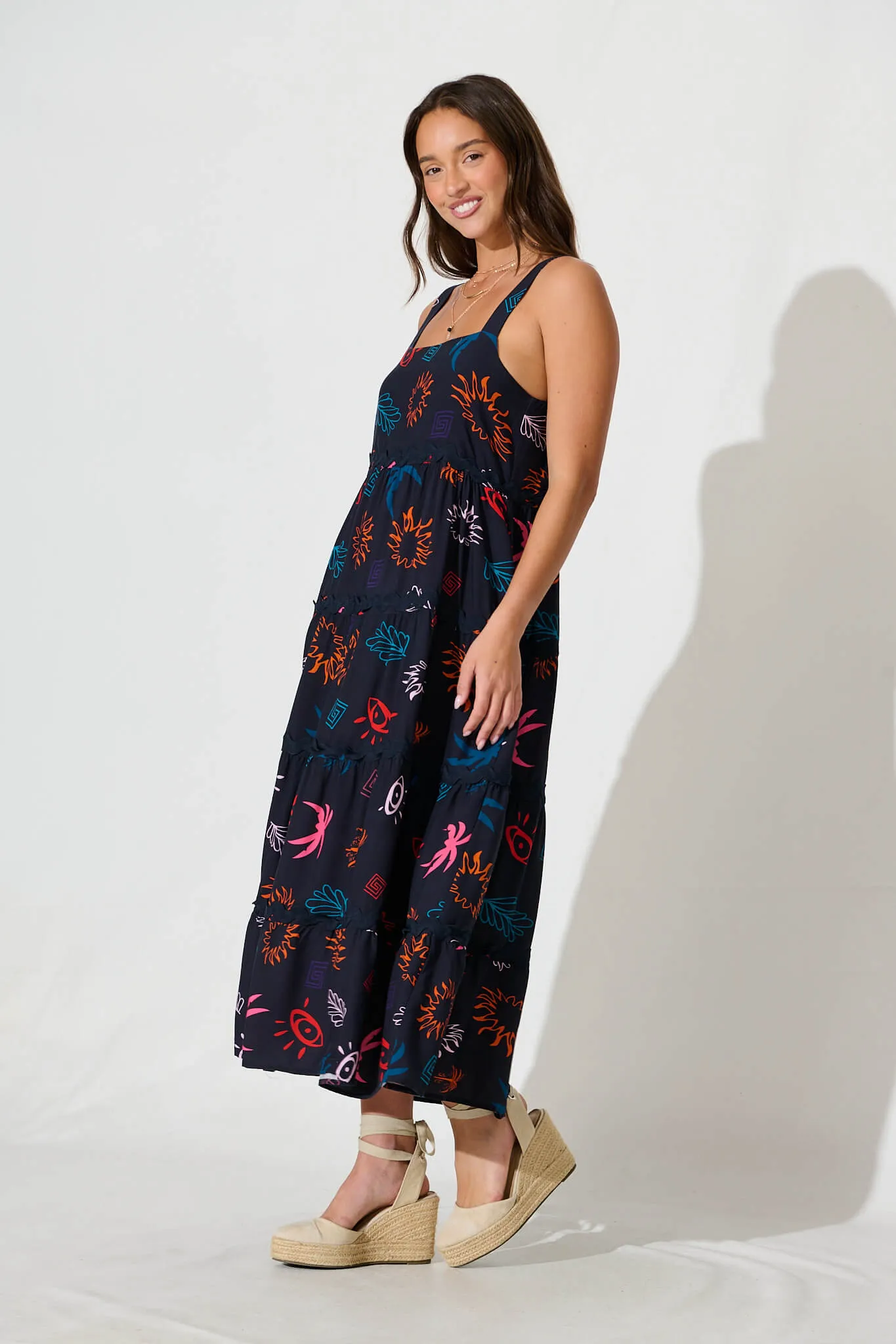 Jolie Maxi Sundress in Navy Print With Black Ric Rac Trim sold by St Frock product image thumbnail 3