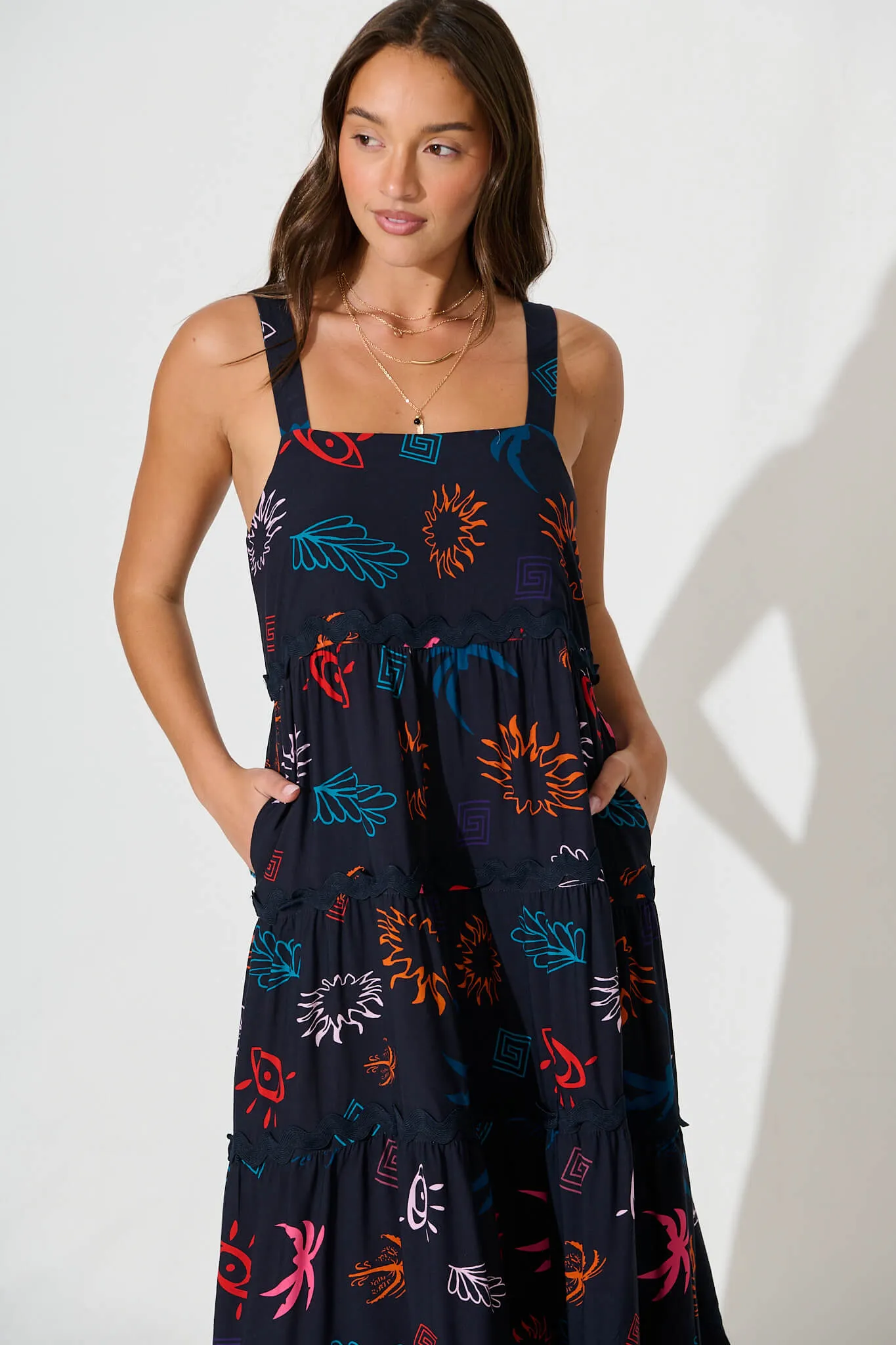 Jolie Maxi Sundress in Navy Print With Black Ric Rac Trim sold by St Frock product image thumbnail 2