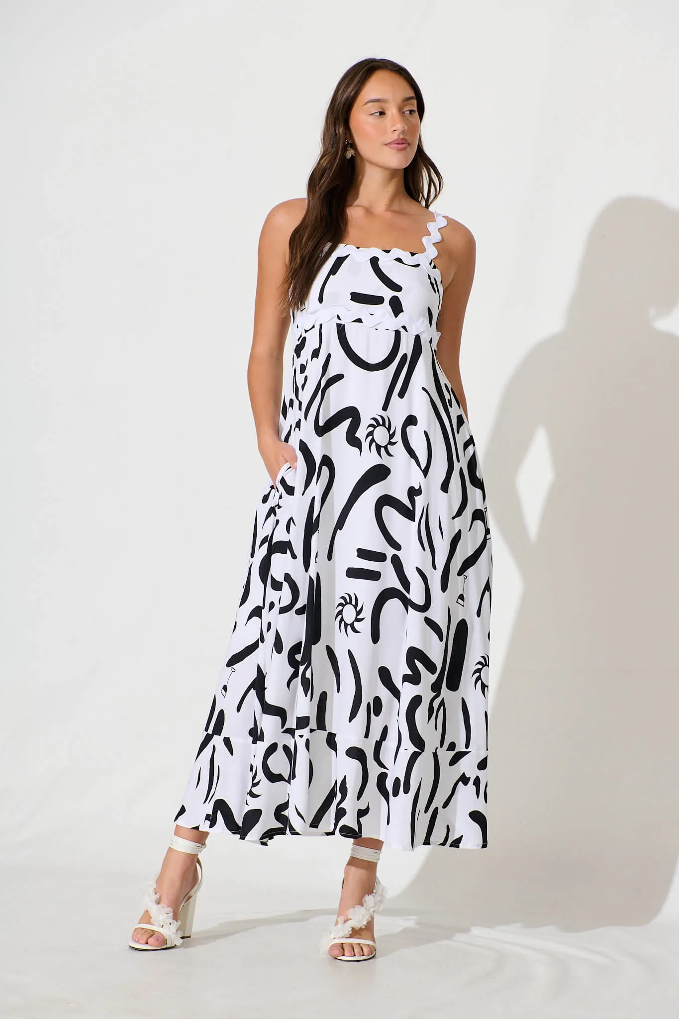 Aquila Maxi Sundress In White Print With Ric Rac Trim sold by St Frock