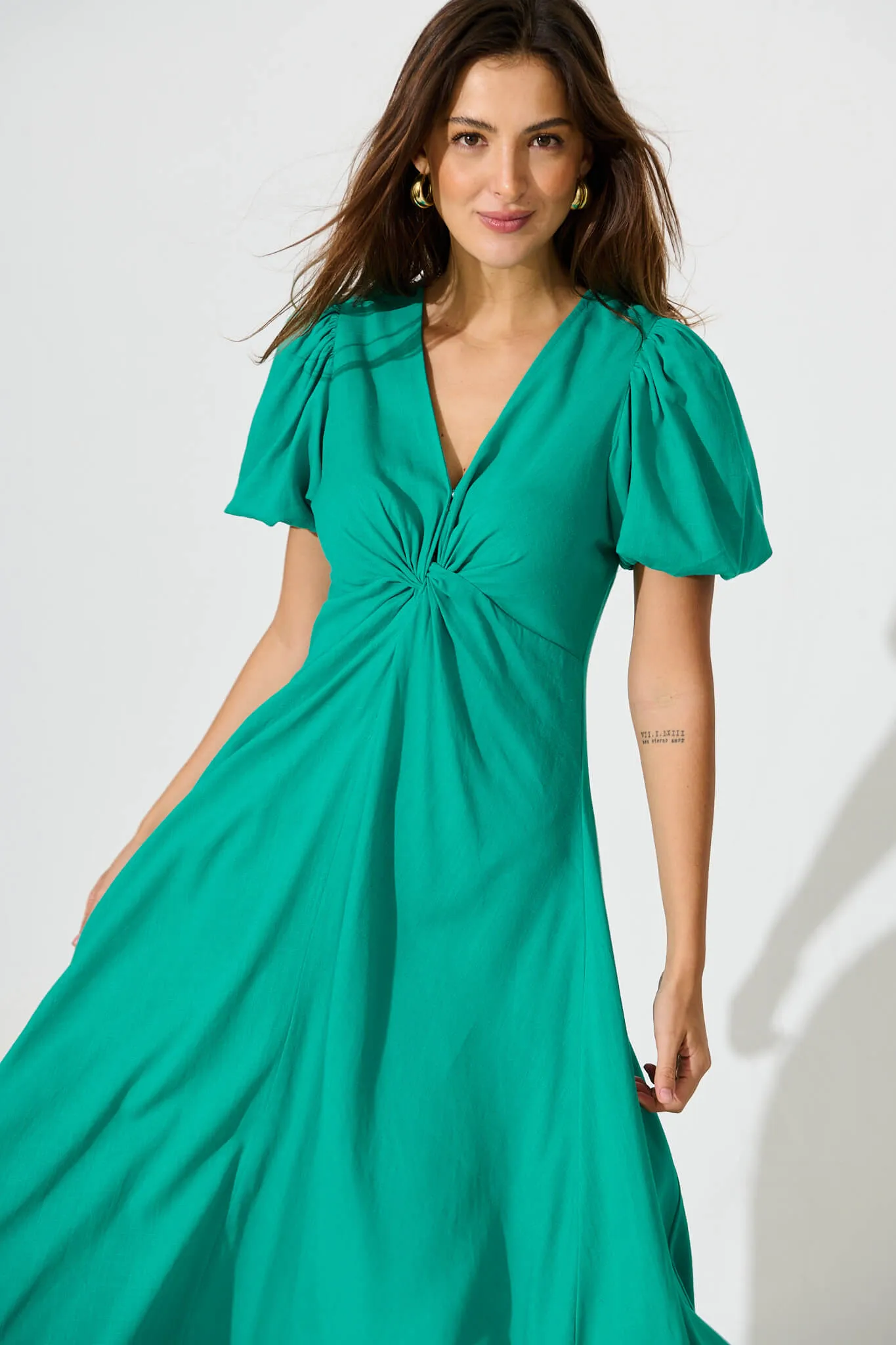 Hilde Midi Dress In Green Linen Blend sold by St Frock product image thumbnail 2