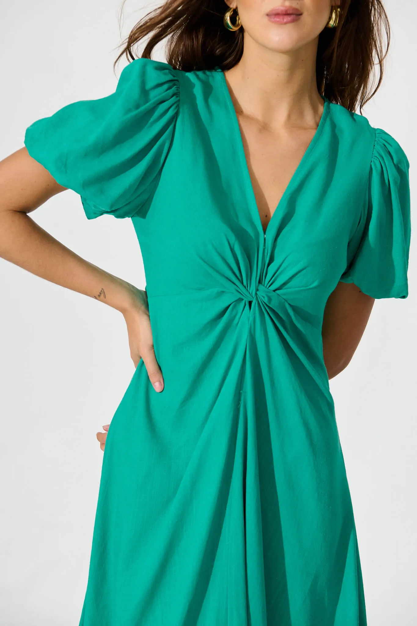 Hilde Midi Dress In Green Linen Blend sold by St Frock product image thumbnail 5