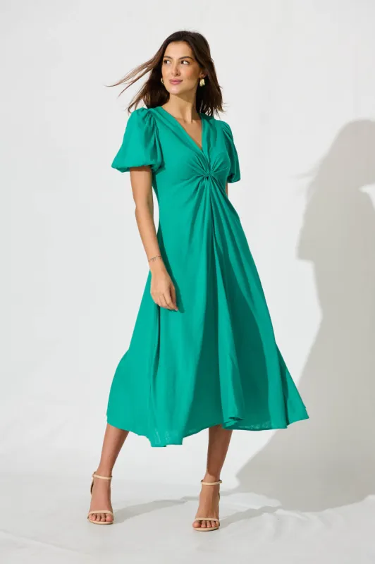 Hilde Midi Dress In Green Linen Blend sold by St Frock