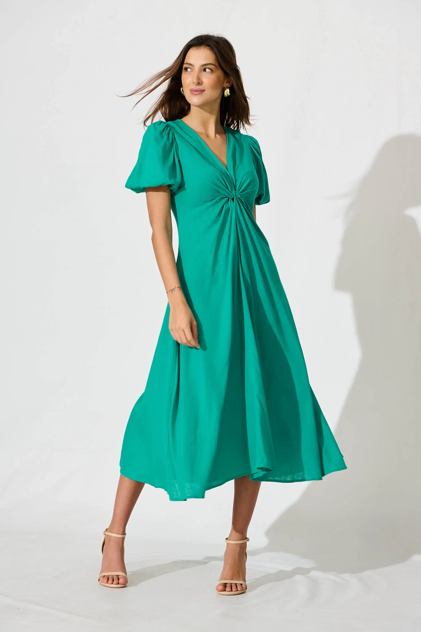 Hilde Midi Dress In Green Linen Blend sold by St Frock