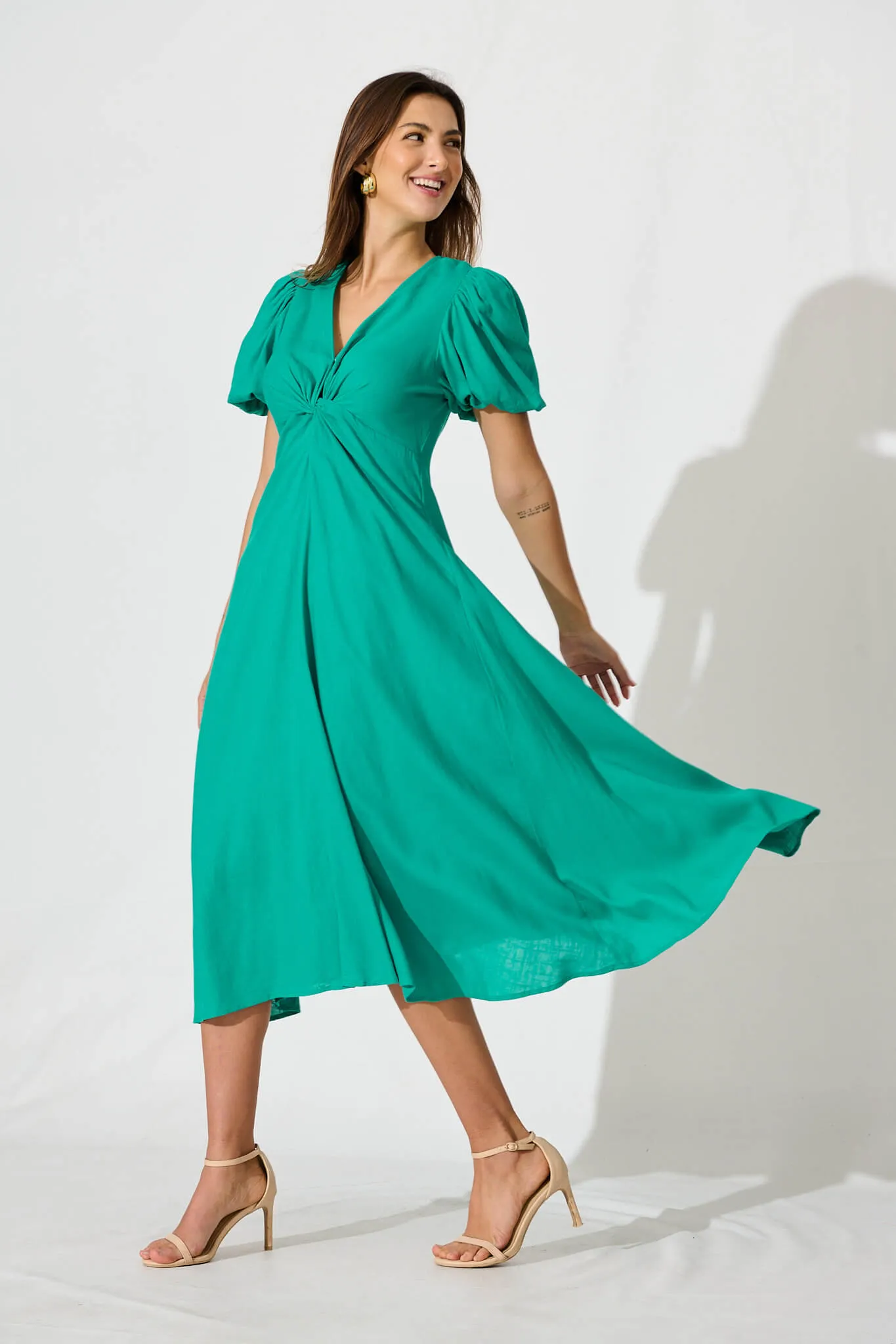 Hilde Midi Dress In Green Linen Blend sold by St Frock product image thumbnail 3