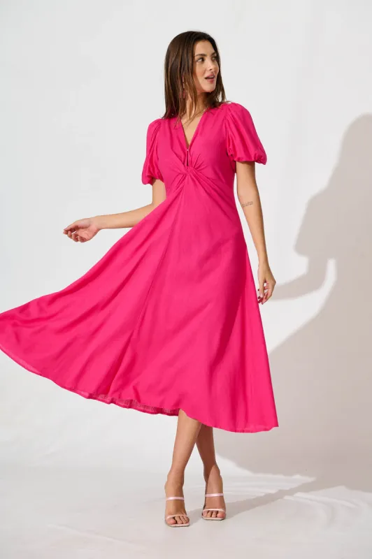Hilde Midi Dress In Hot Pink Linen Blend sold by St Frock