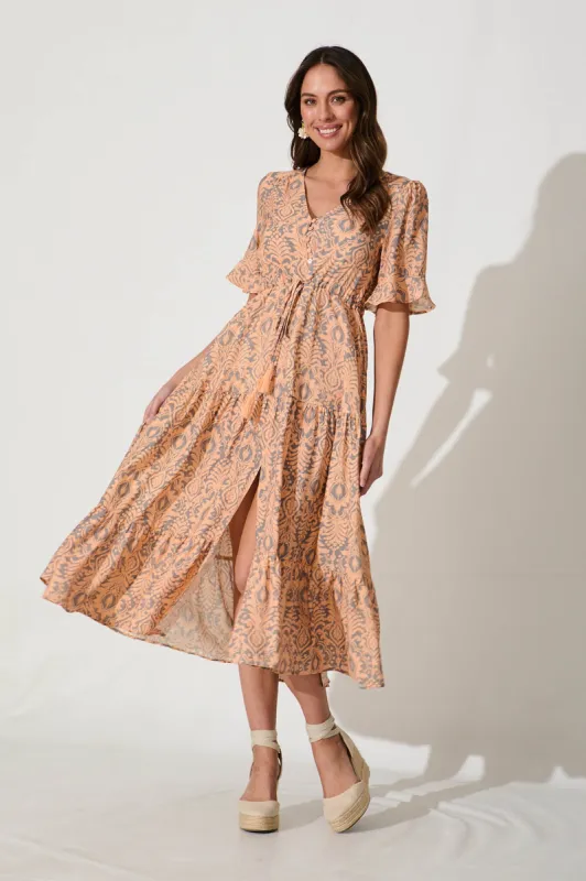 Imara Midi Dress in Orange and Grey Print Cotton Blend sold by St Frock