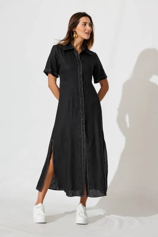 Christiana Maxi Shirt Dress In Black Linen sold by St Frock