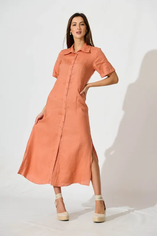 Christiana Maxi Shirt Dress In Rust Linen sold by St Frock