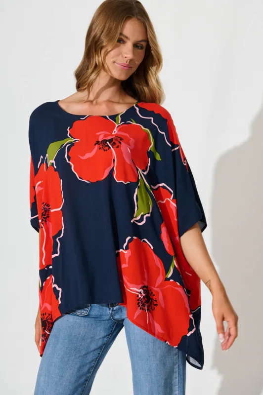 Sonica Top In Navy With Red Floral sold by St Frock