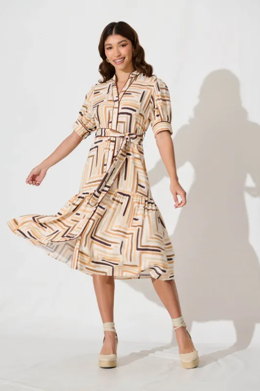 Darina Midi Shirt Dress In Multi Brown Geometric Linen Blend sold by St Frock