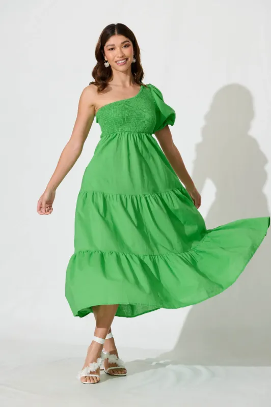 Elyria Maxi Dress In Green Cotton Linen Blend sold by St Frock