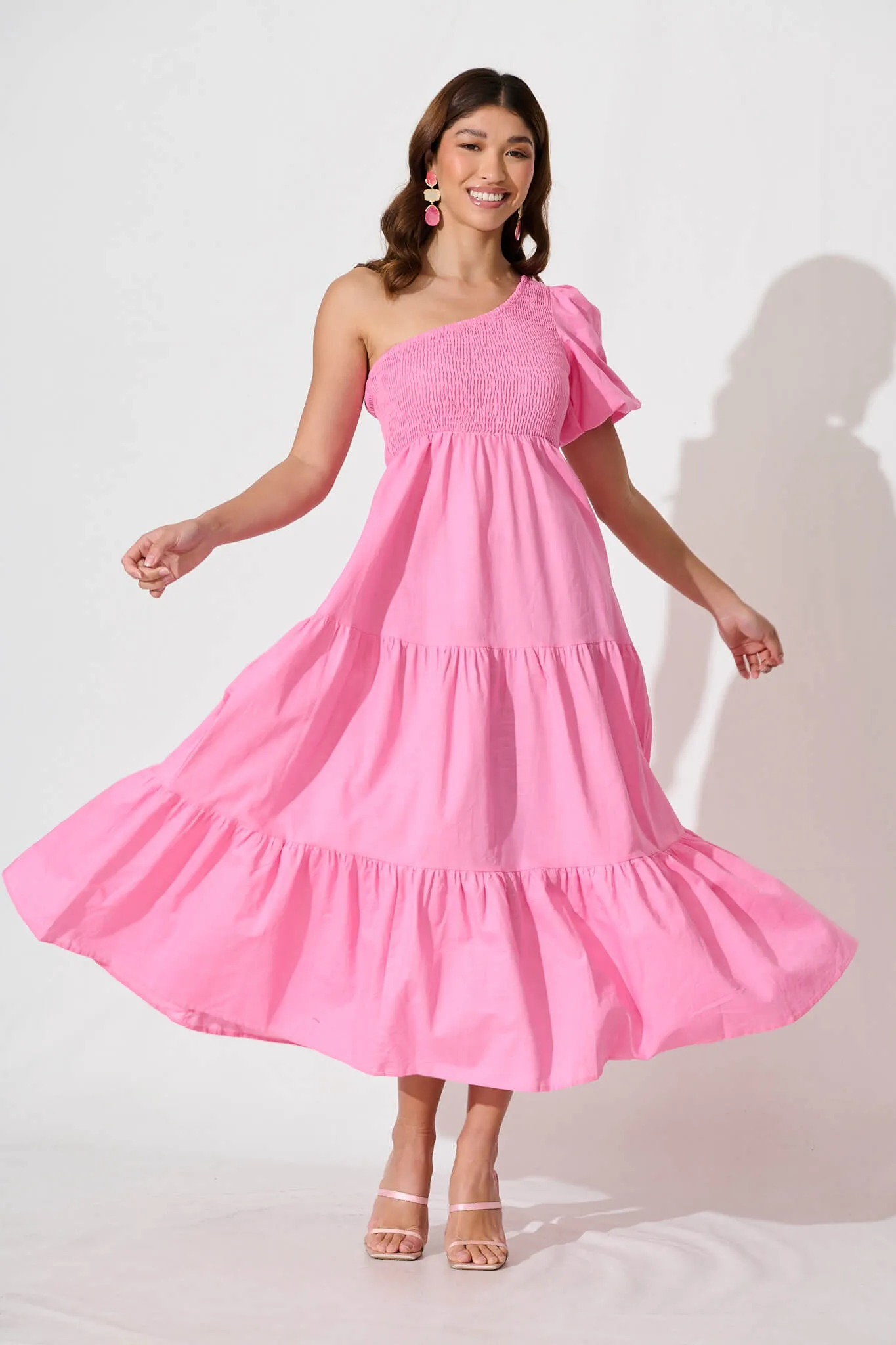 Elyria Maxi Dress In Pink Cotton Linen Blend sold by St Frock