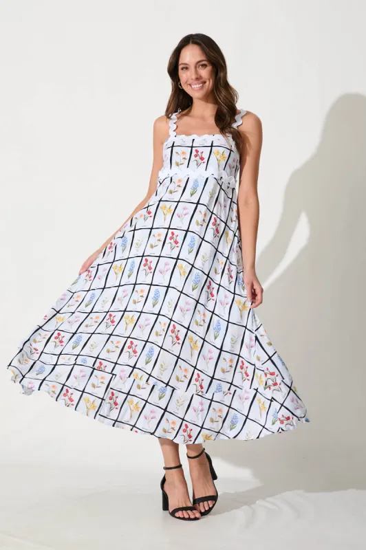 Aquila Maxi Sundress In Multi Print With White Ric Rac Trim sold by St Frock