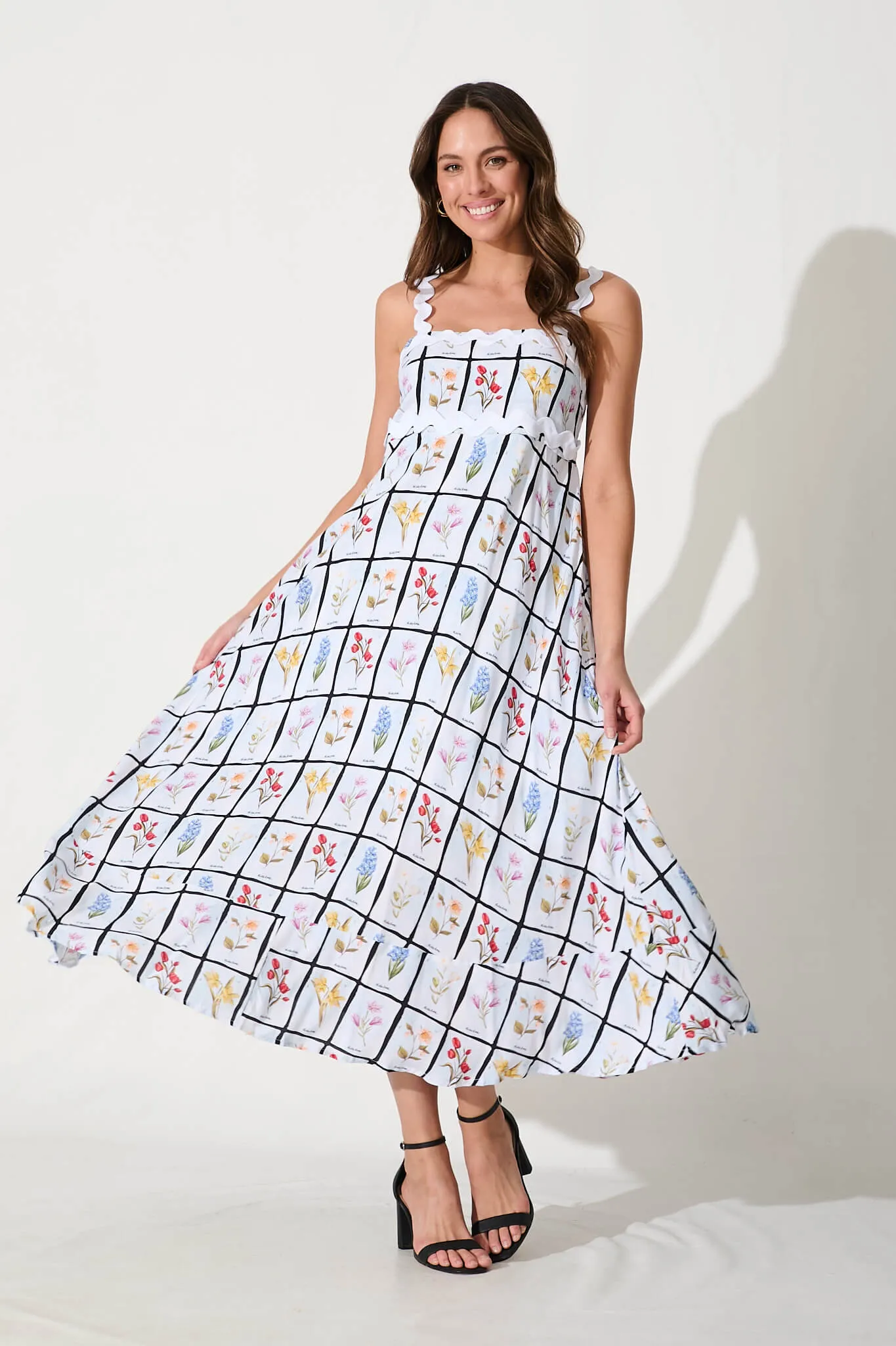 Aquila Maxi Sundress In Multi Print With White Ric Rac Trim sold by St Frock