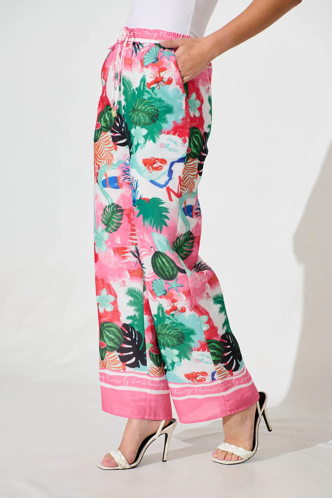 Alejandra Pant In Pink Multi Tropical Linen Blend sold by St Frock product image thumbnail 2