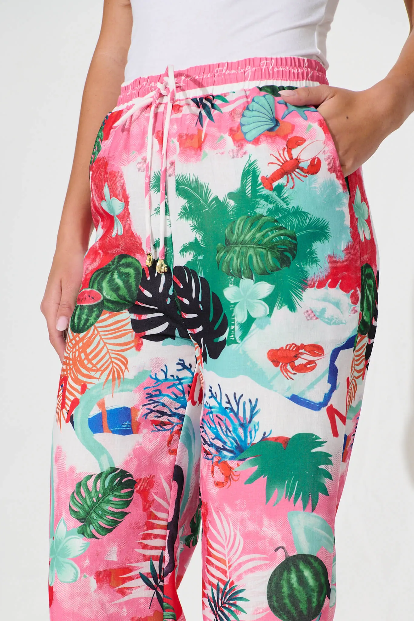 Alejandra Pant In Pink Multi Tropical Linen Blend sold by St Frock product image thumbnail 5