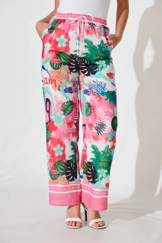 Alejandra Pant In Pink Multi Tropical Linen Blend sold by St Frock