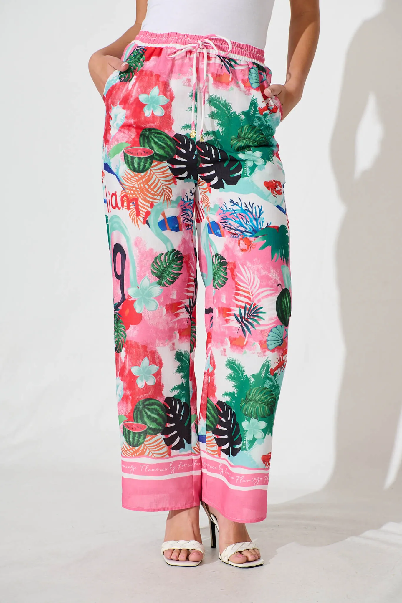 Alejandra Pant In Pink Multi Tropical Linen Blend sold by St Frock