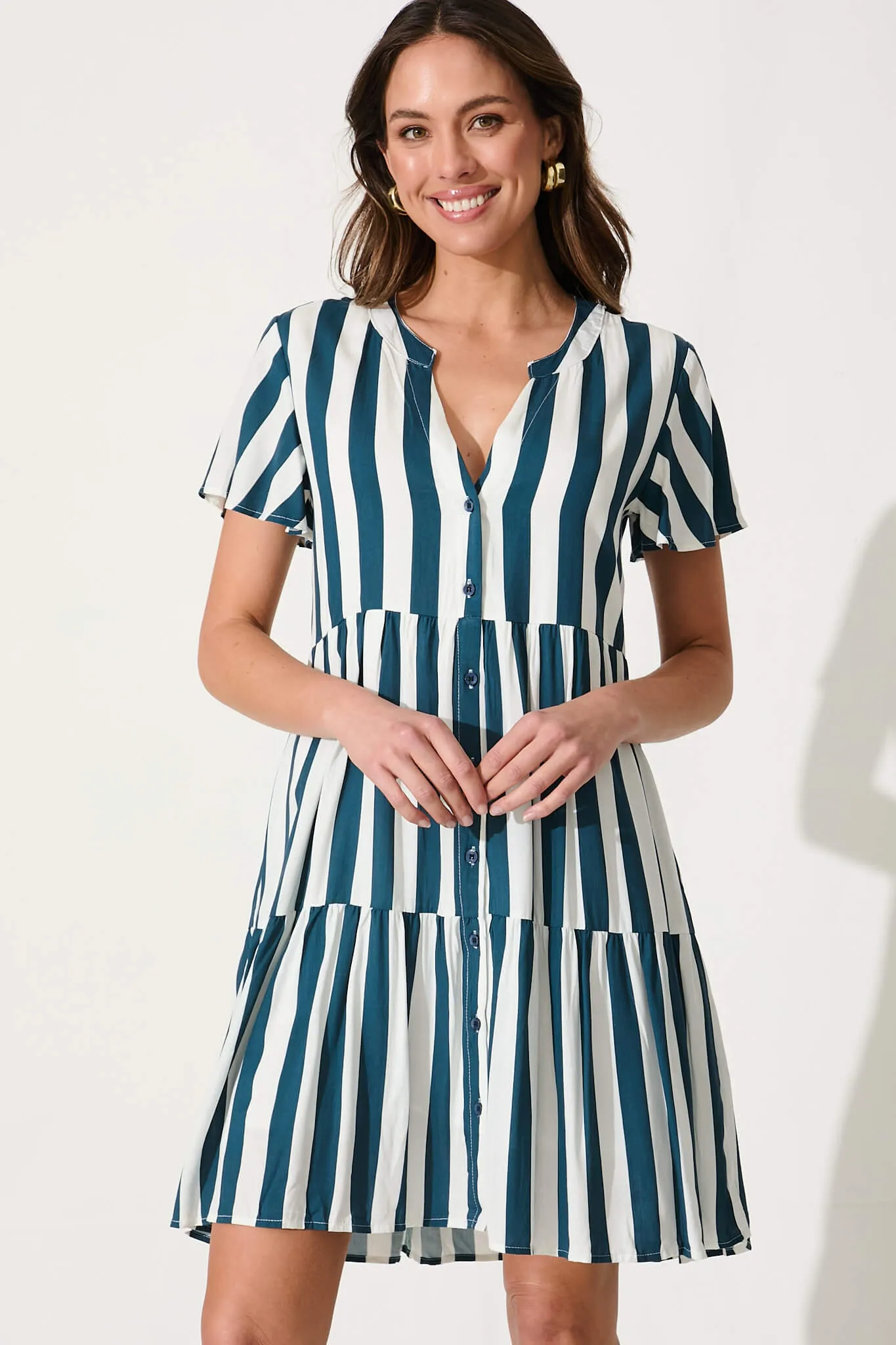 Adeline Shirt Dress In Teal with White Stripe sold by St Frock product image thumbnail 2