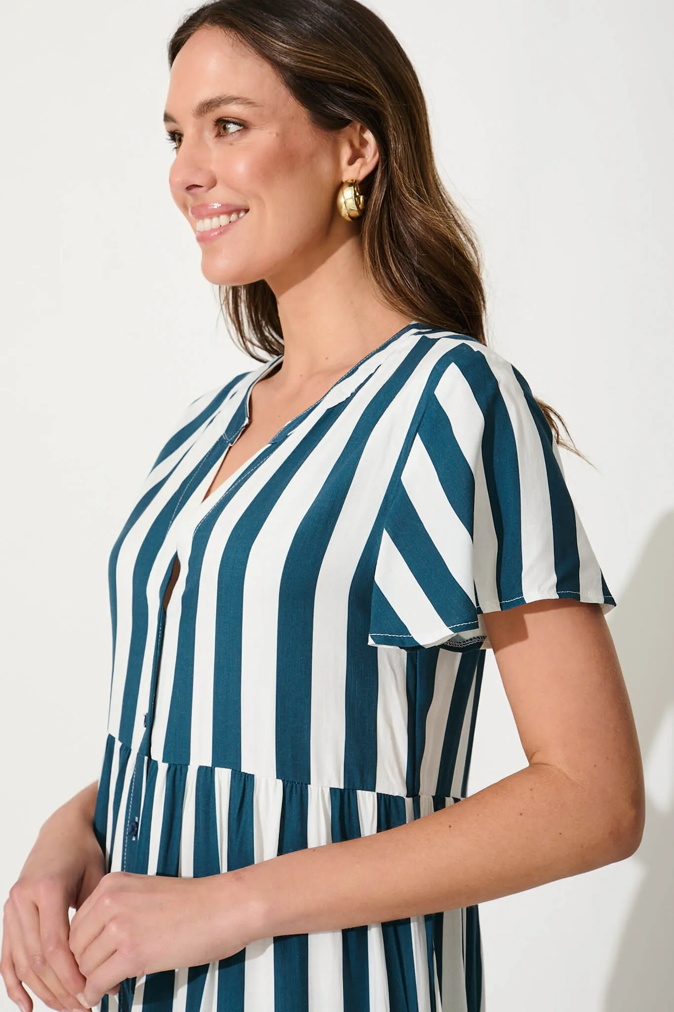 Adeline Shirt Dress In Teal with White Stripe sold by St Frock product image thumbnail 5
