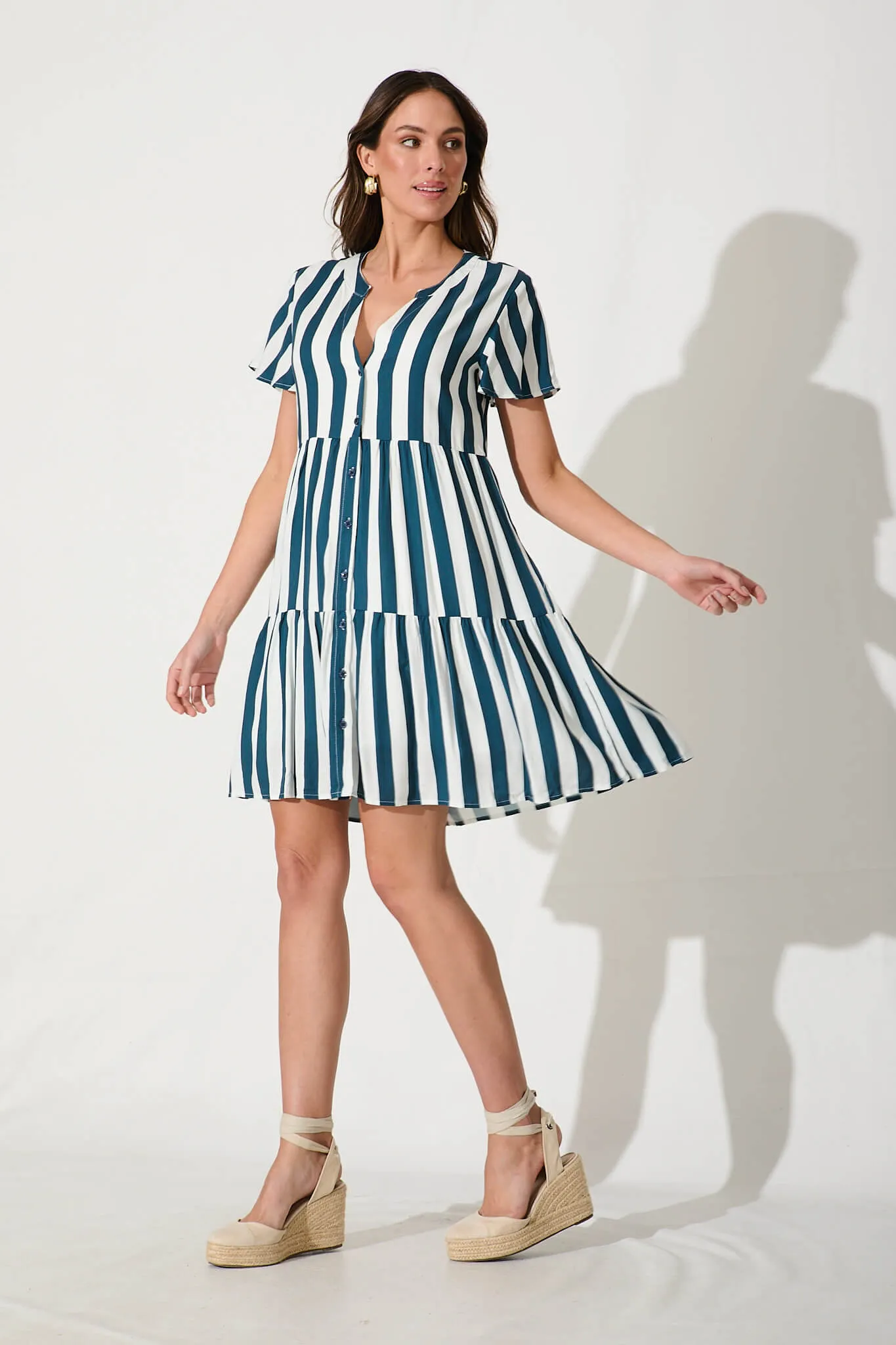 Adeline Shirt Dress In Teal with White Stripe sold by St Frock product image thumbnail 3