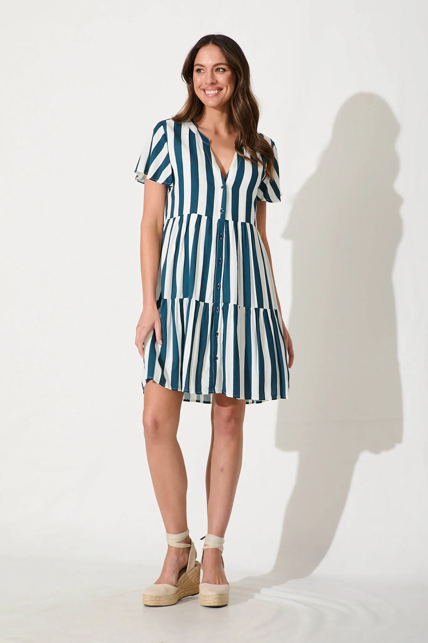 Adeline Shirt Dress In Teal with White Stripe sold by St Frock
