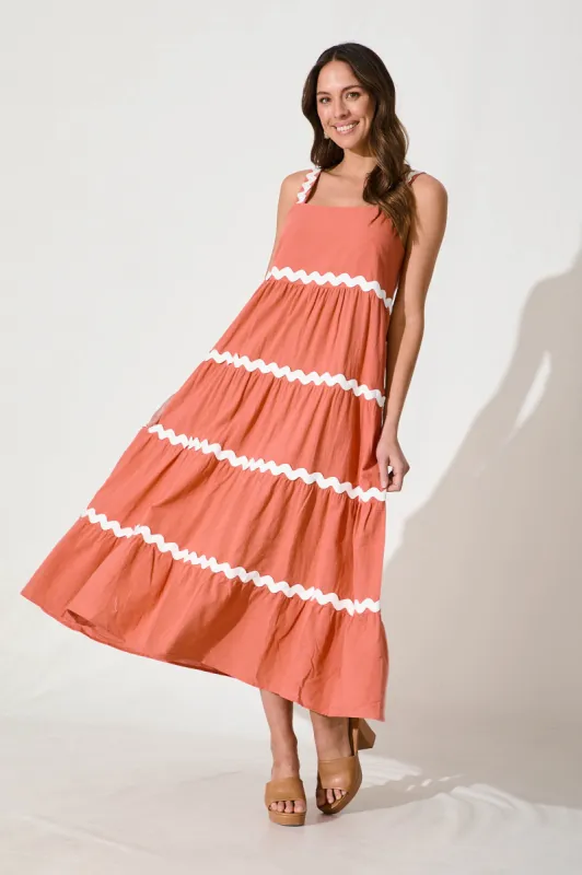 Hara Maxi Sundress In Rust With White Ric Rac Trim Cotton sold by St Frock