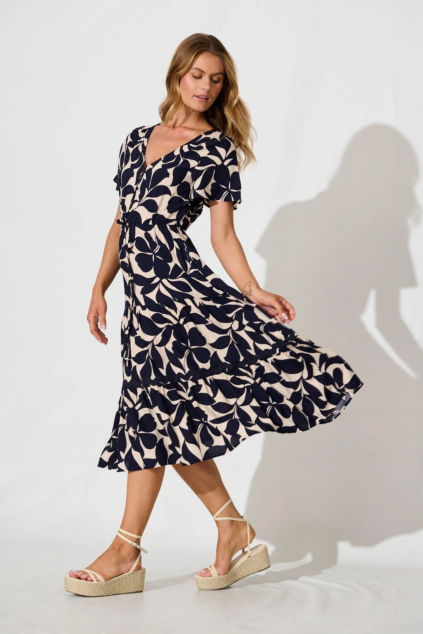 Laconia Midi Dress In Navy Leaf With Ric Rac Trim sold by St Frock product image thumbnail 3