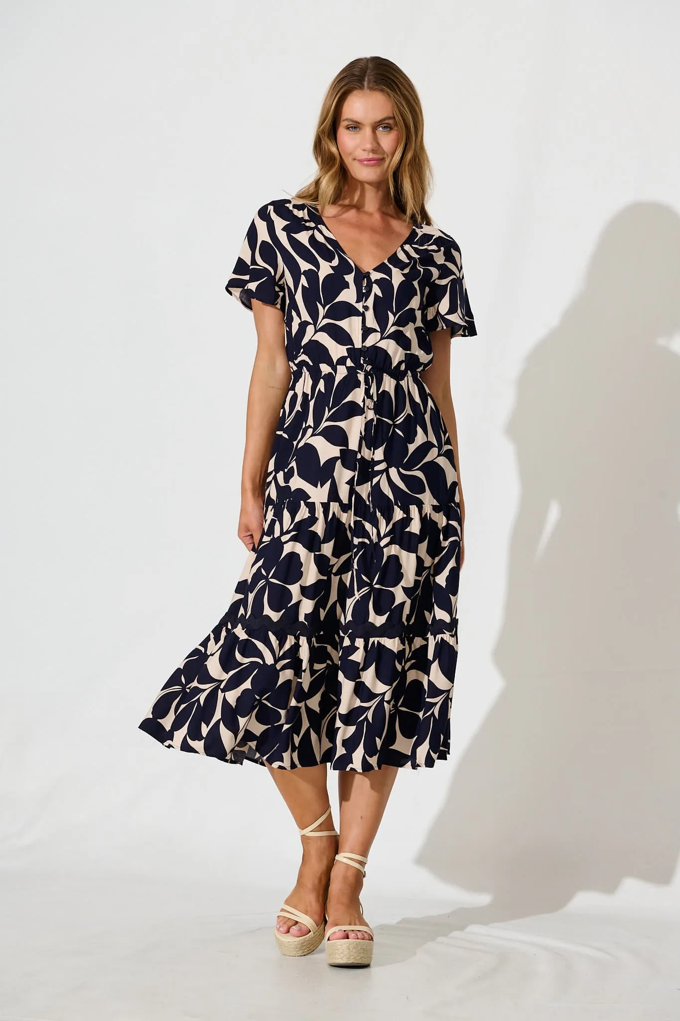 Laconia Midi Dress In Navy Leaf With Ric Rac Trim sold by St Frock