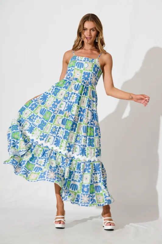 Love And Roses Maxi Sundress In Blue Multi With Ric Rac Trim sold by St Frock