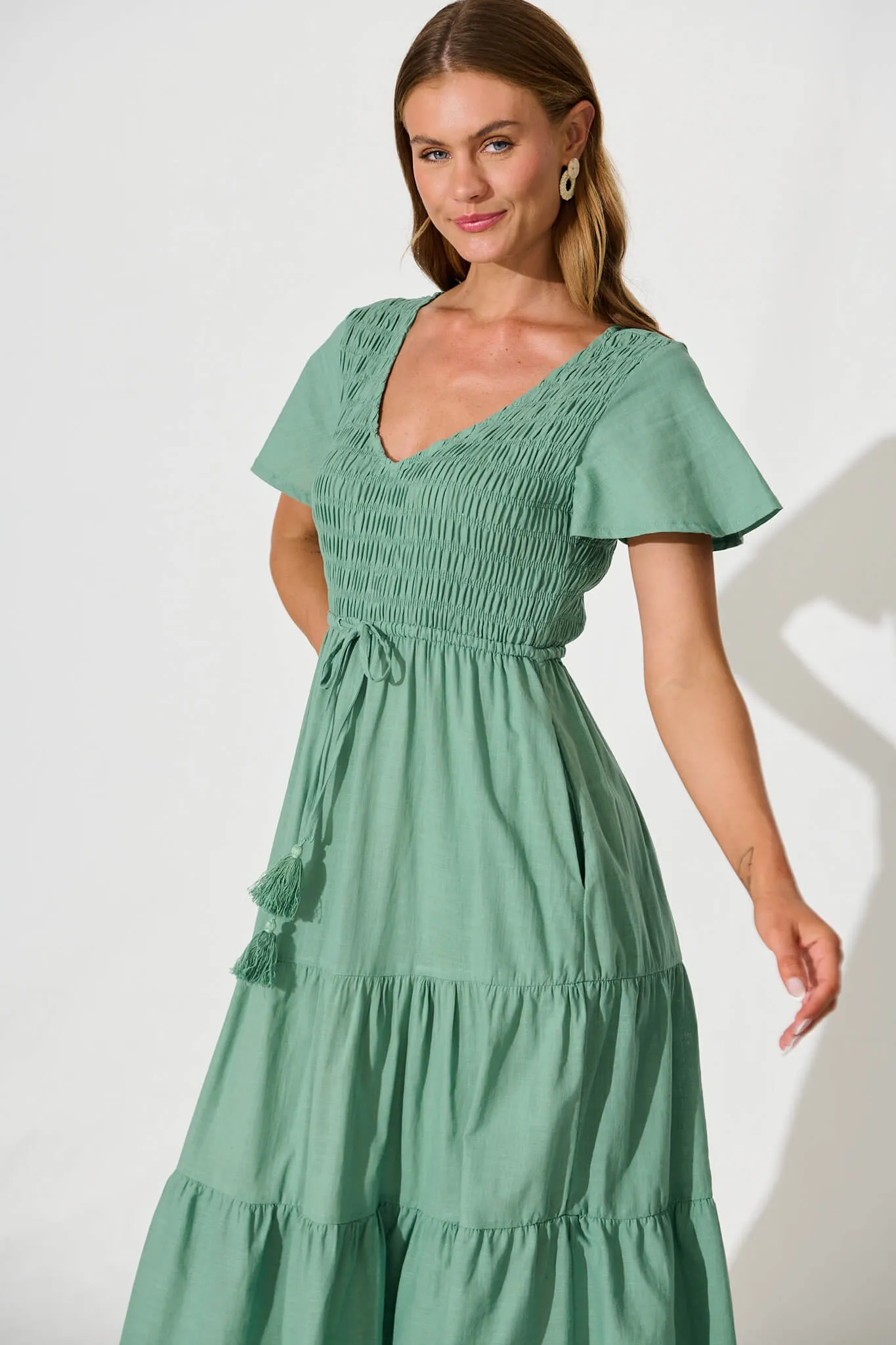 Callie Midi Dress in Sage Linen Blend sold by St Frock product image thumbnail 2