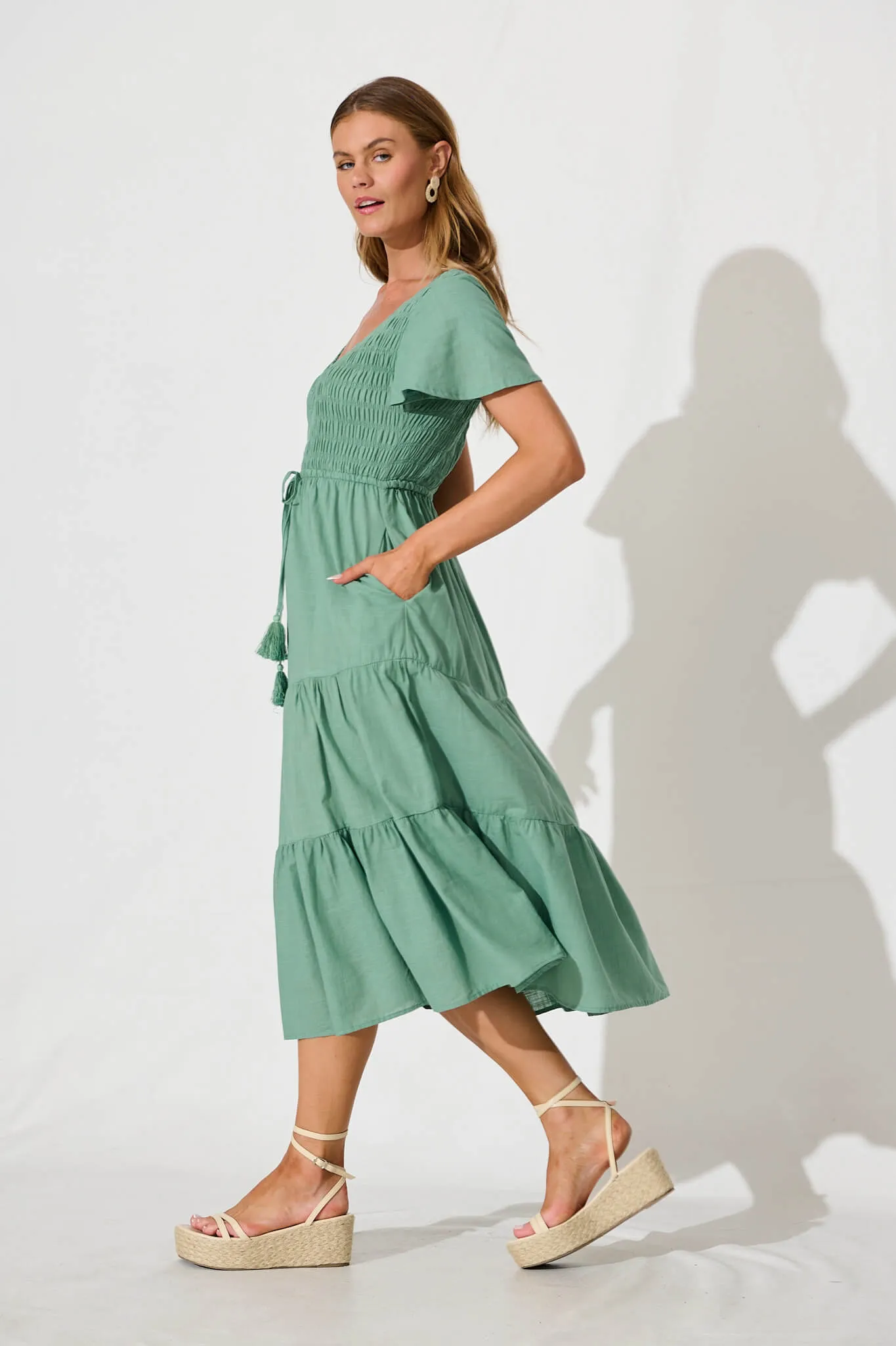Callie Midi Dress in Sage Linen Blend sold by St Frock product image thumbnail 3