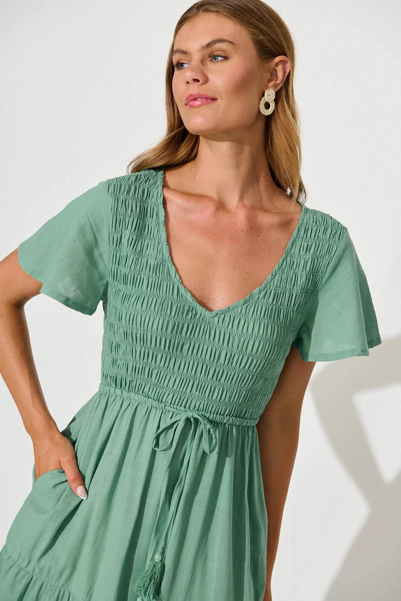 Callie Midi Dress in Sage Linen Blend sold by St Frock product image thumbnail 5