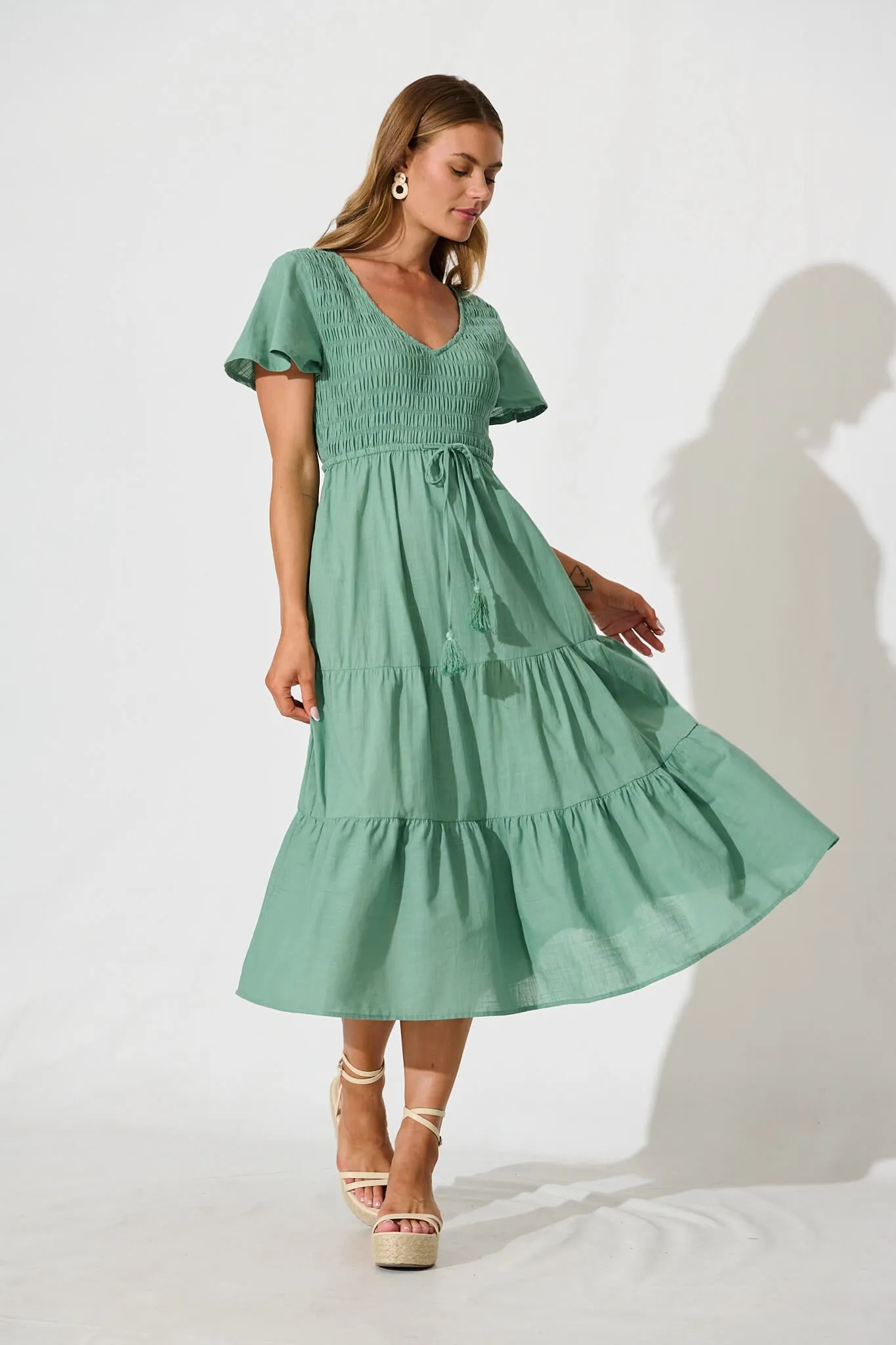 Callie Midi Dress in Sage Linen Blend sold by St Frock