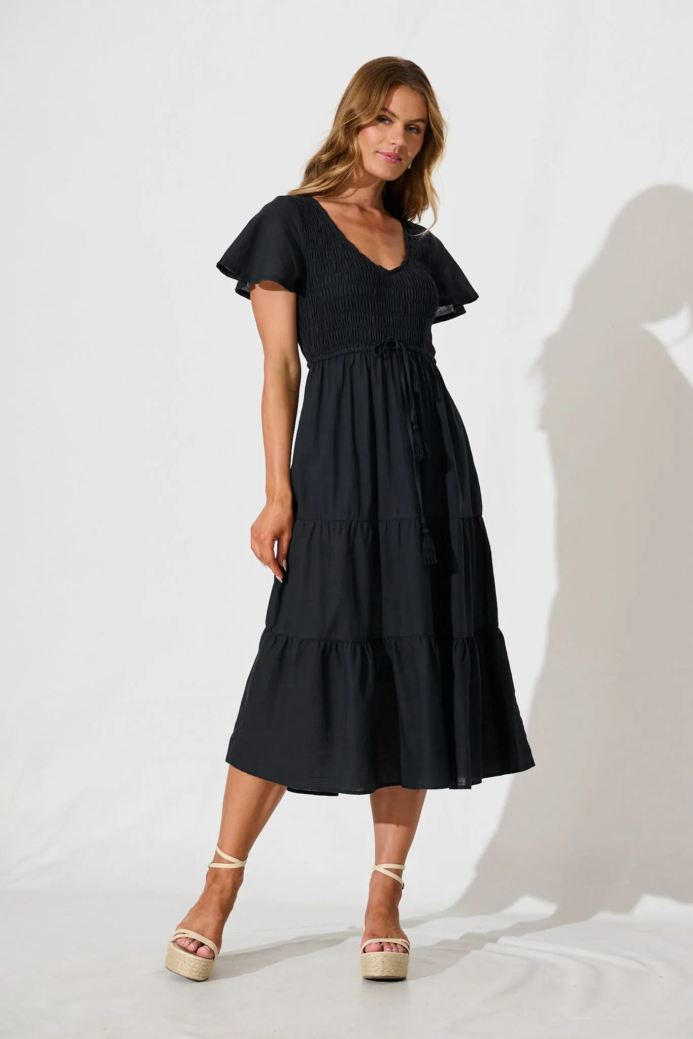 Callie Midi Dress in Black Linen Blend sold by St Frock
