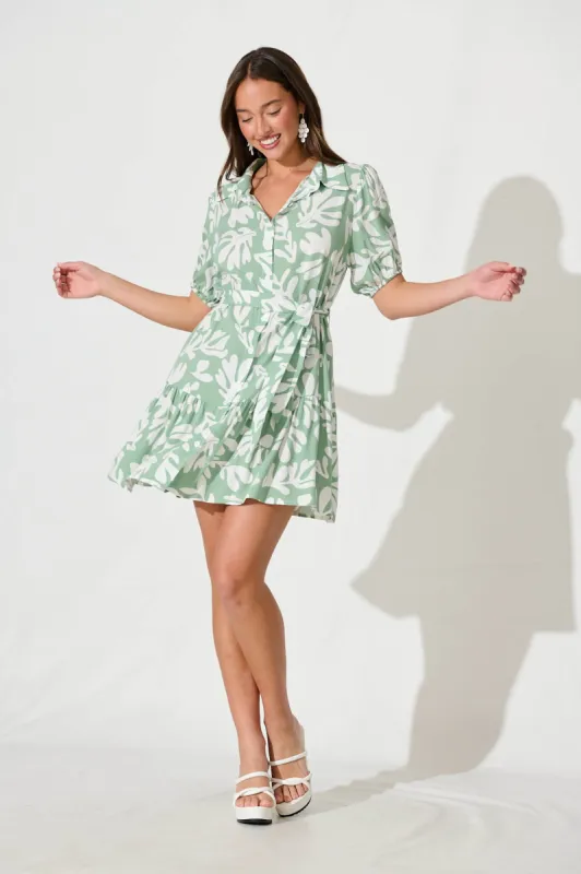 Clyde Shirt Dress in Green with White Print sold by St Frock