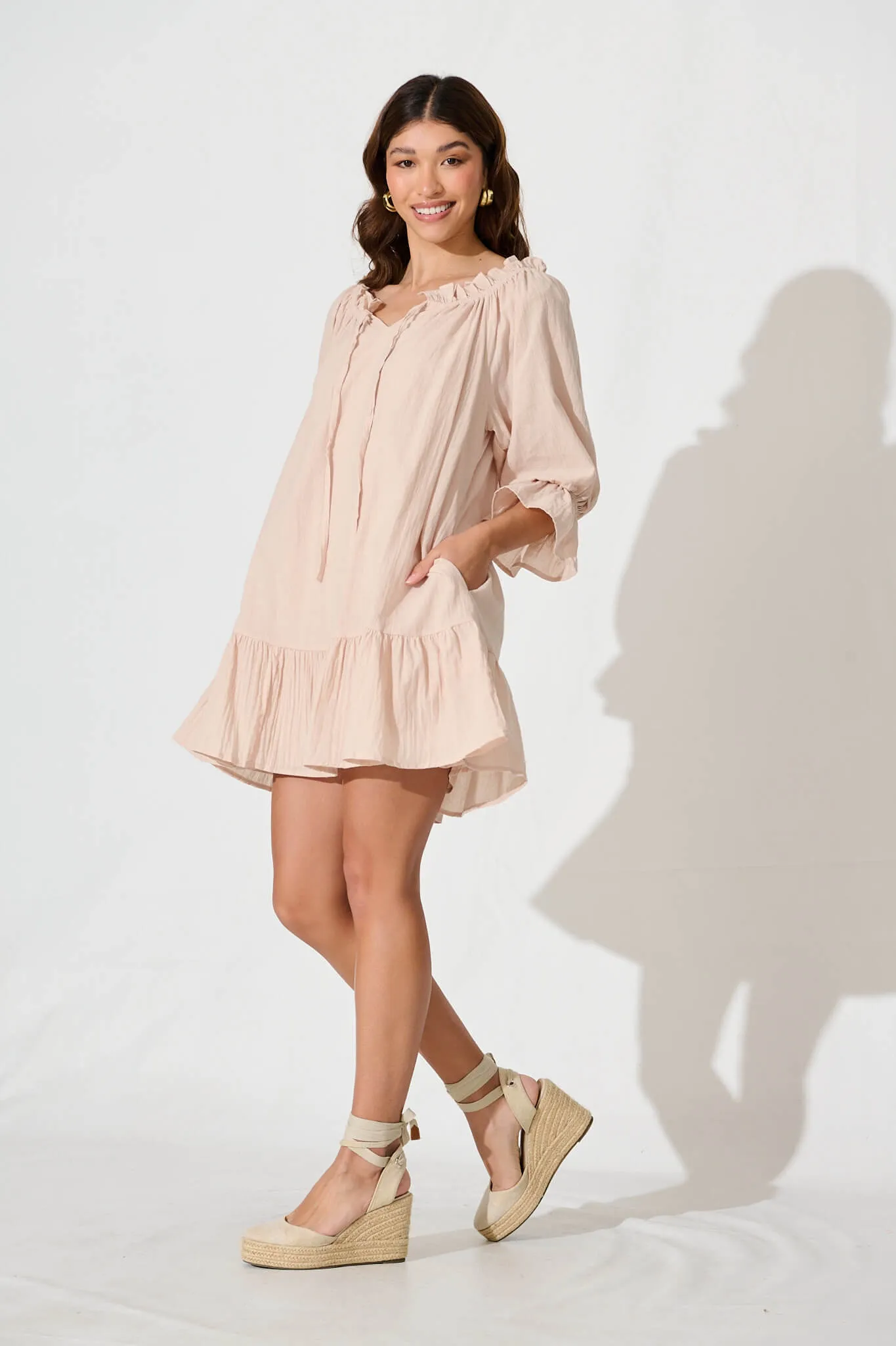 Livie Smock Dress In Beige Cotton sold by St Frock product image thumbnail 3