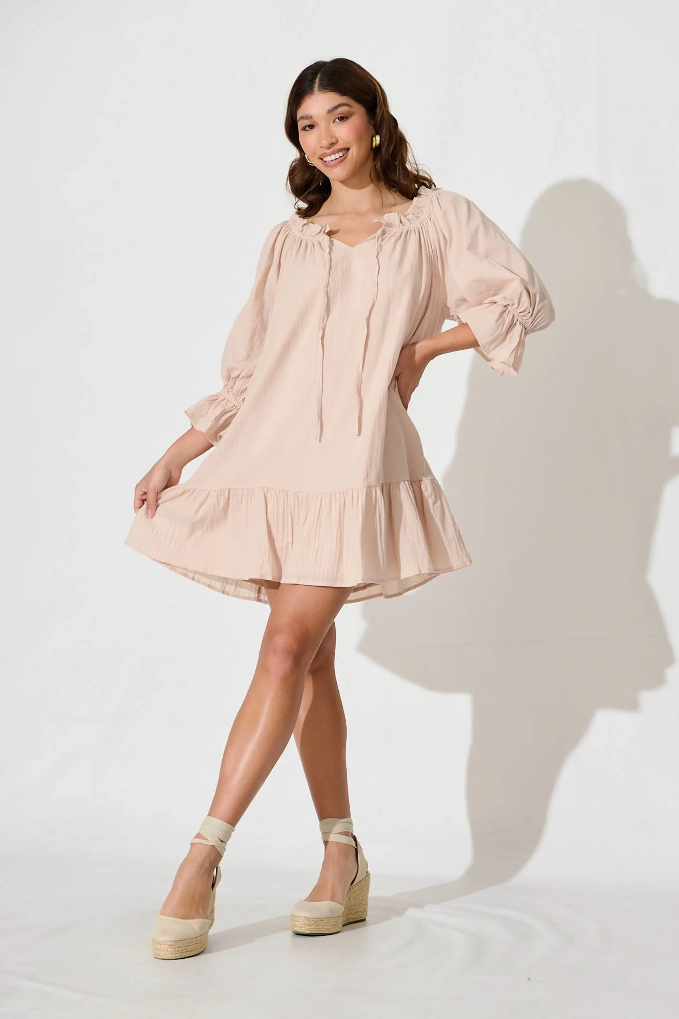 Livie Smock Dress In Beige Cotton sold by St Frock