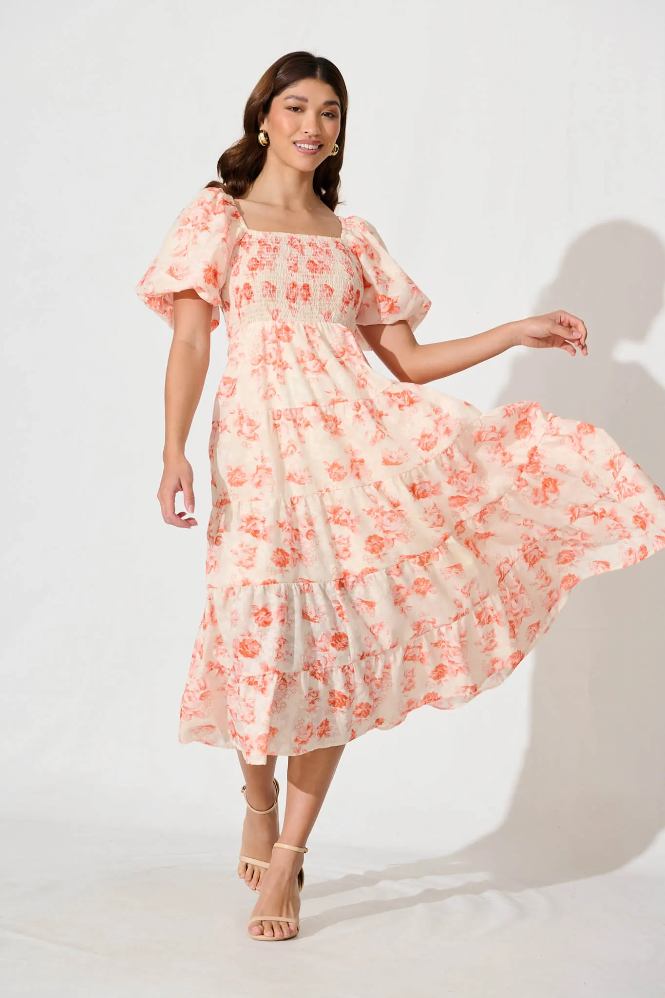 Luella Midi Dress In Orange Floral Cotton Blend sold by St Frock
