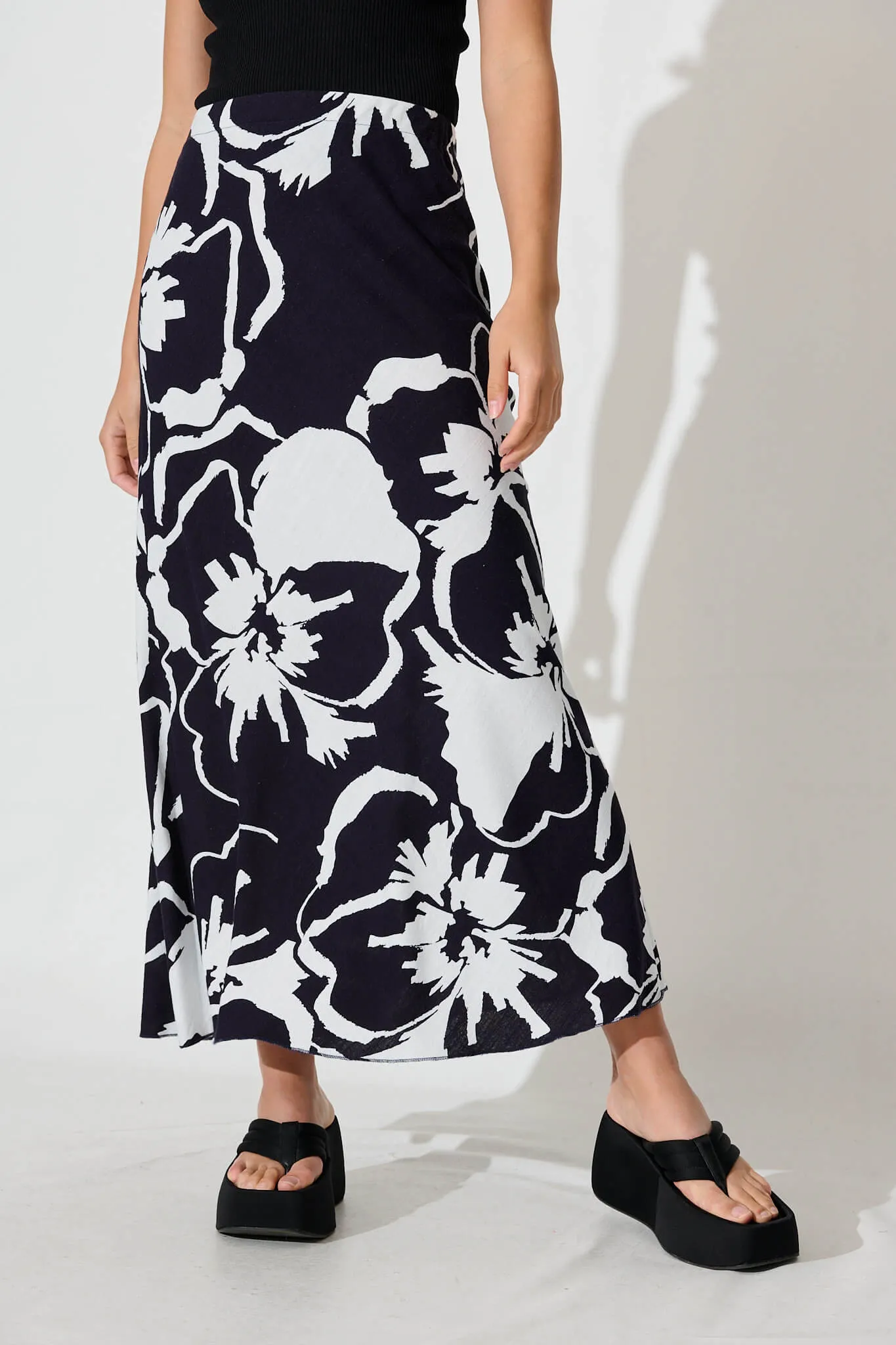 Calaveras Midi Skirt In Ink With White Print Linen Blend sold by St Frock