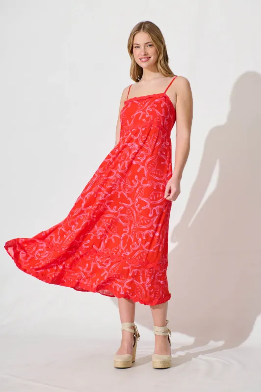Nightbloom Maxi Sundress In Red Print With Ric Rac Trim sold by St Frock