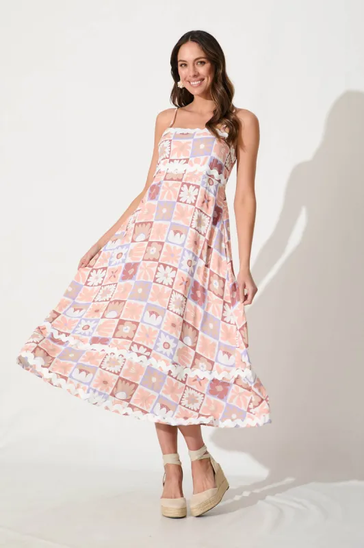 Treviso Maxi Sundress in Lilac Multi With White Ric Rac Trim sold by St Frock