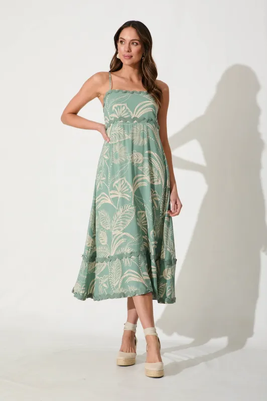 Treviso Maxi Sundress In Green And Cream With Ric Rac Trim sold by St Frock