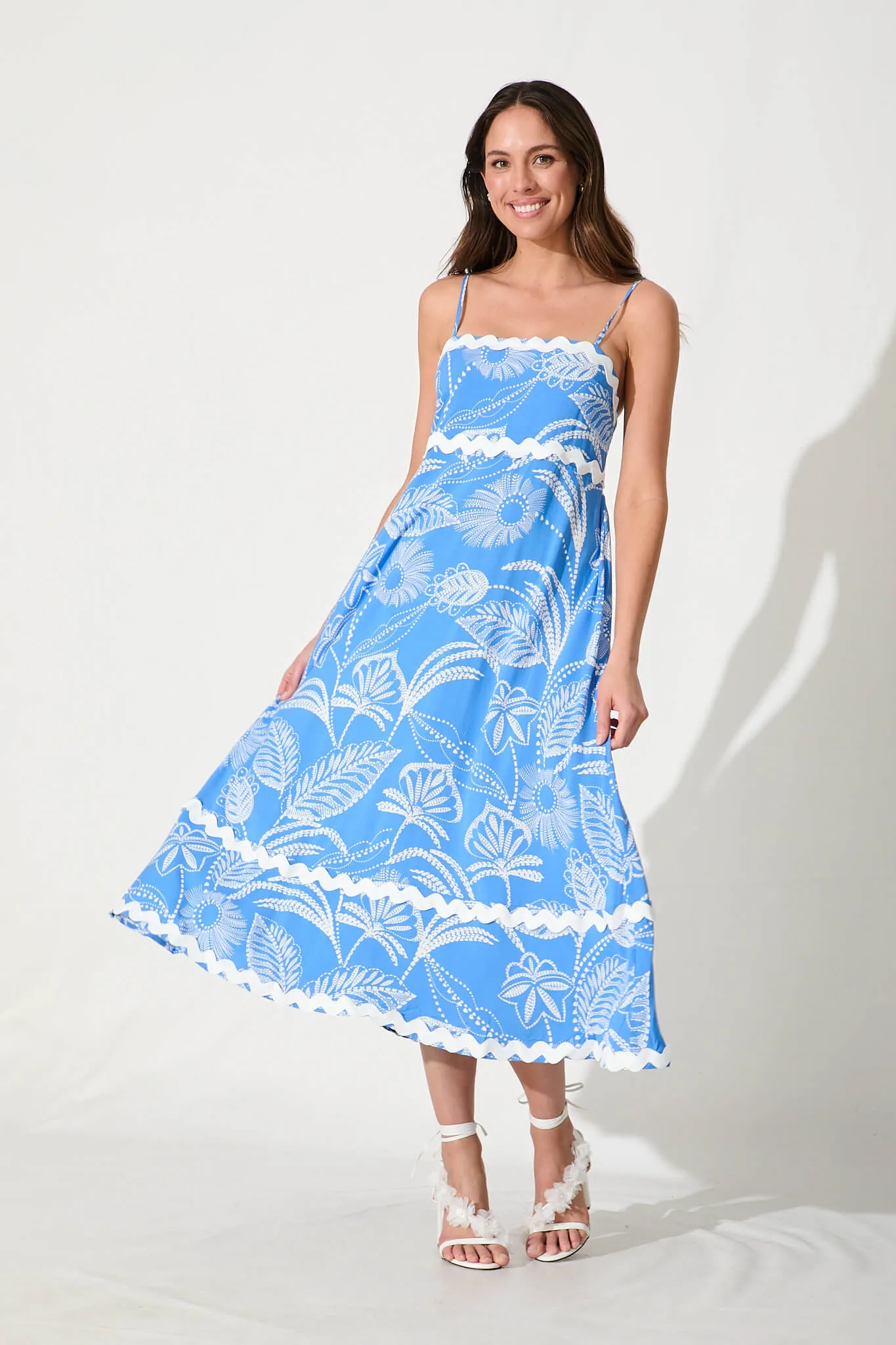 Treviso Maxi Sundress In Blue And White With Ric Rac Trim sold by St Frock
