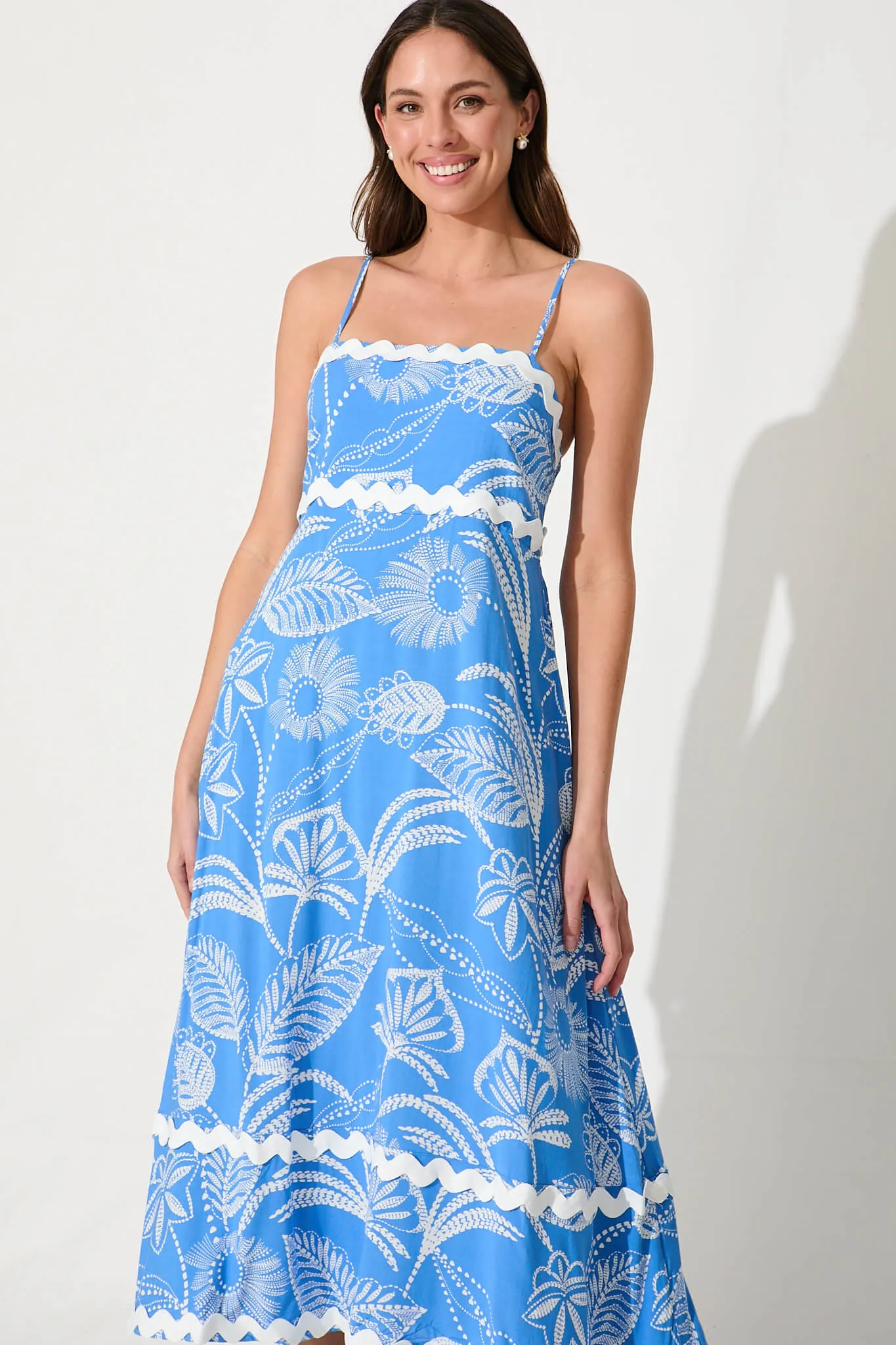 Treviso Maxi Sundress In Blue And White With Ric Rac Trim sold by St Frock product image thumbnail 2