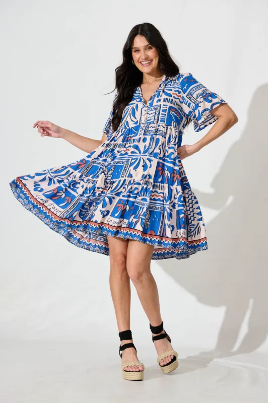 Northcote Smock Dress in Multi Blue Patchwork Print sold by St Frock
