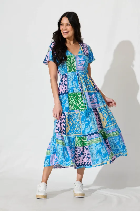 Callie Midi Dress In Blue Multi Tropical Print sold by St Frock